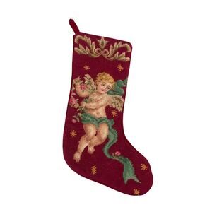 Vintage Imperial Elegance Needlepoint Stocking Christmas Angel Cherub Red Wool